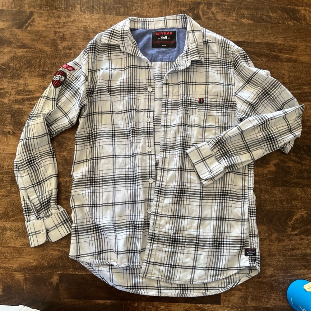 Men's Black and White Plaid Spykar YnR Button Down Shirt